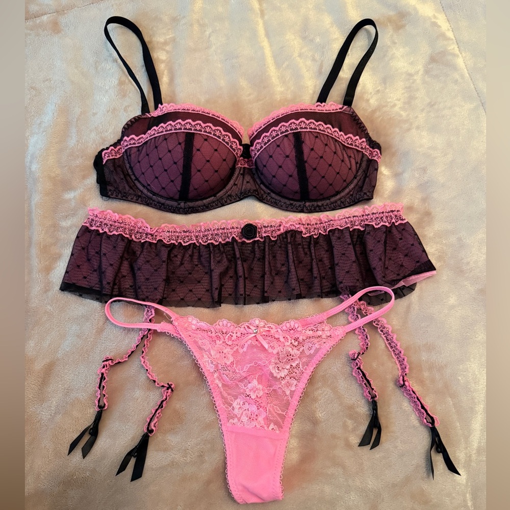 Pink and Black Lingerie Set with Bra Panty and Garter Belt 34B